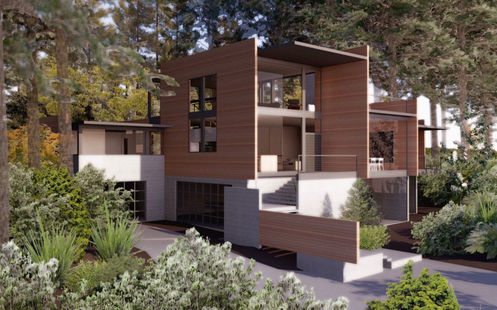 An illustration of the main entrance and the garages below.