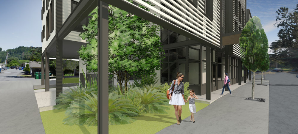 Close up view of the courtyard at the front of the building.