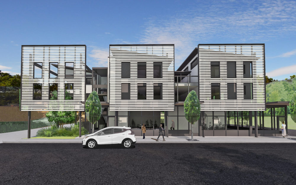 A direct view of the front of facade of the building.