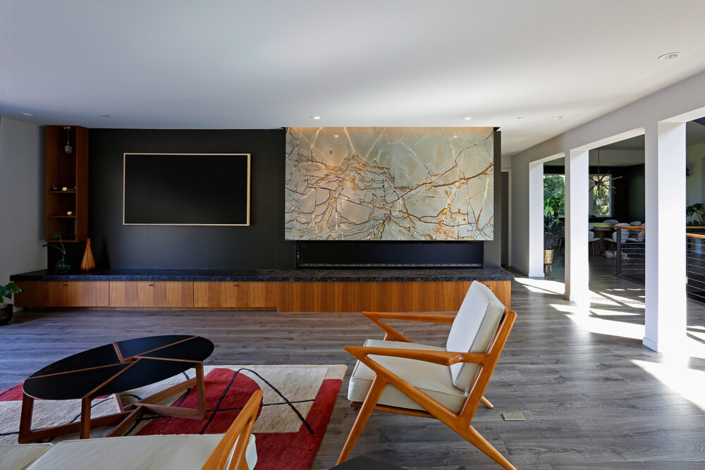 A view of the living room and the fireplace.