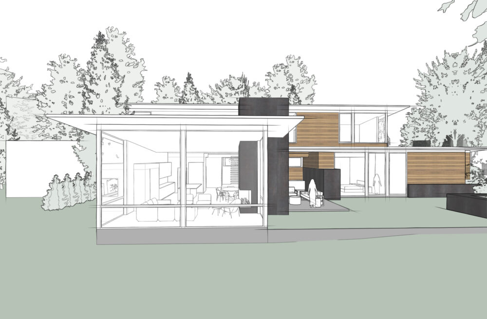 An illustration of the direct view of the living room from the outside.