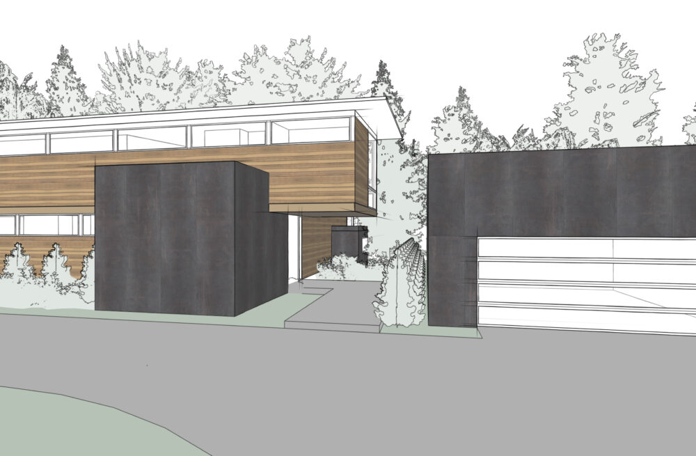 An illustration of the pathway toward the front entry between the detached garage and the house.