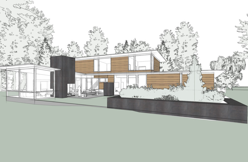 An illustration of the back of the house surrounded by trees.