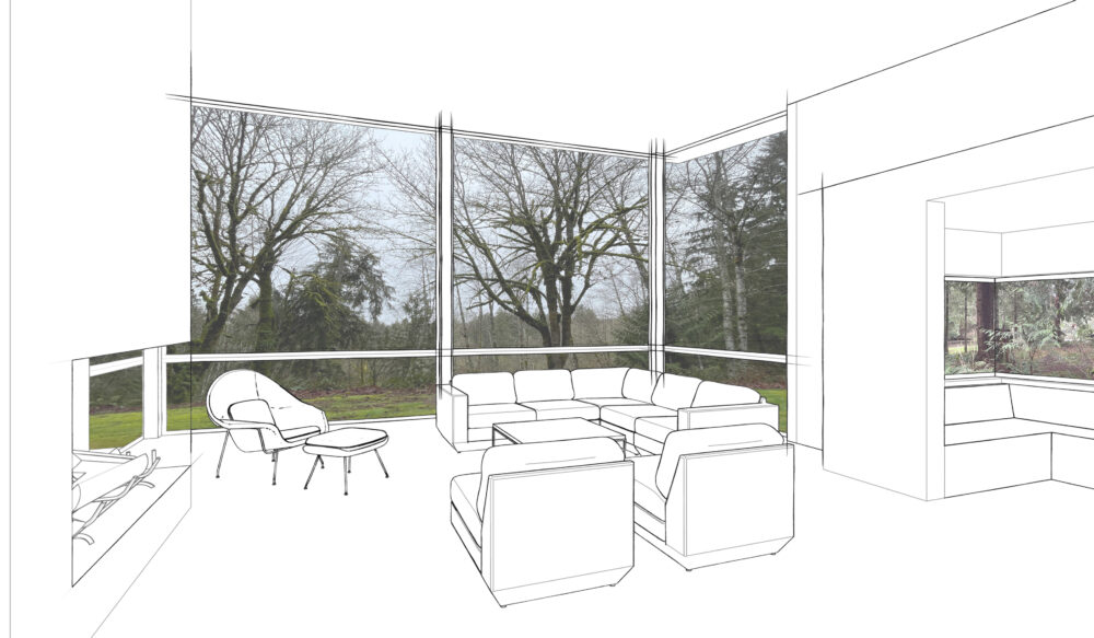 An illustration of the living room and the landscape beyond.
