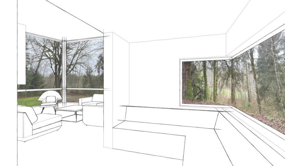 An illustration of the sitting alcove looking out to the landscape.