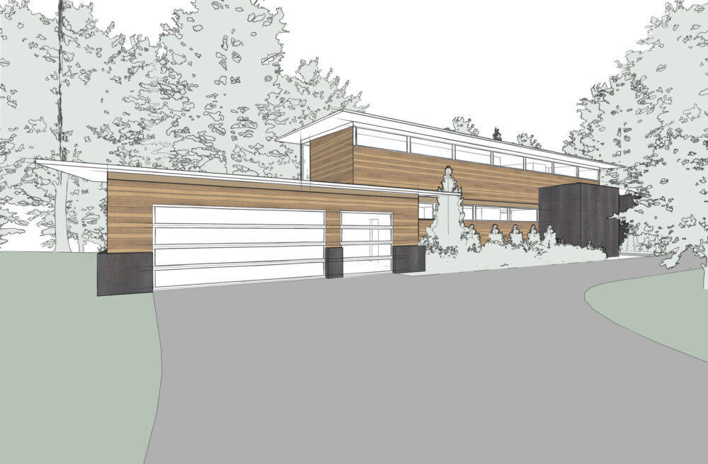 An illustration of the house and garage viewing from the driveway.