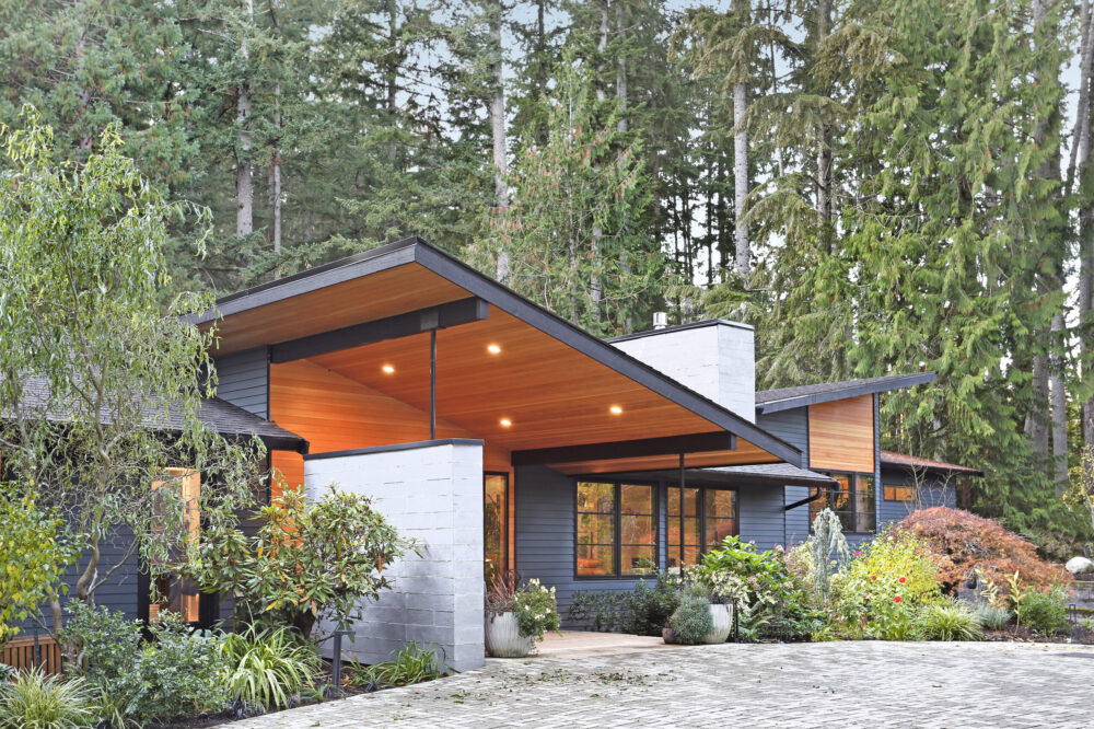 A view of the front entry porch, highlighting the natural wood soffit.