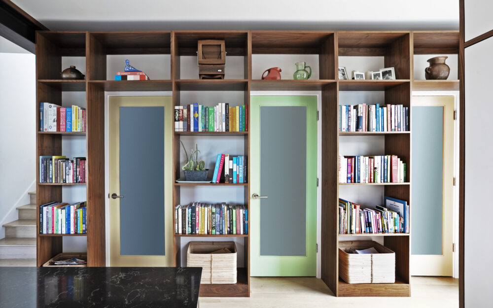 Straight-on view of the built-in shelves in the kitchen.